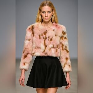 NIMO WANG Faux Fur Jacket Multicolor Pink Brown White |Boho Statement Outerwear